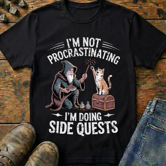 I'm Doing Side Quests Wizard Cat T-Shirt (Intentional Distressed Look)