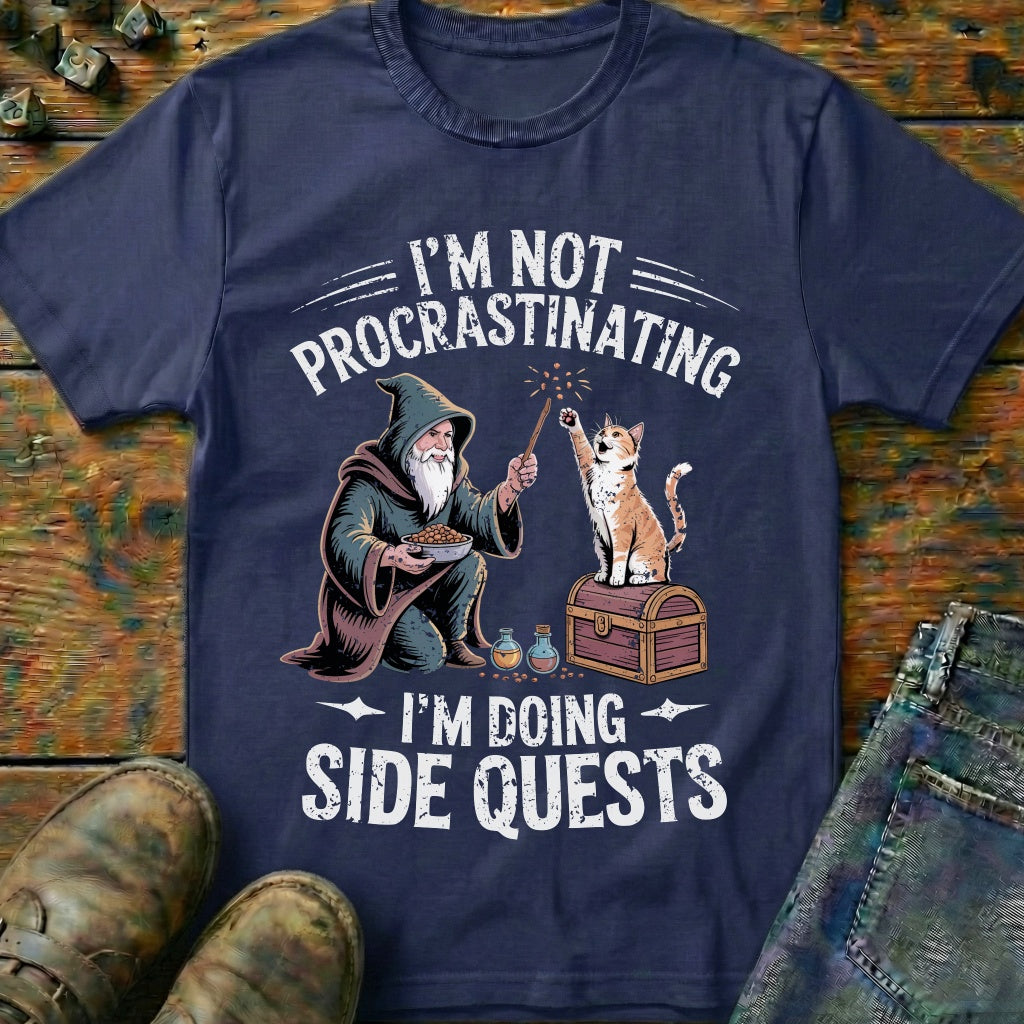 I'm Doing Side Quests Wizard Cat T-Shirt (Intentional Distressed Look)