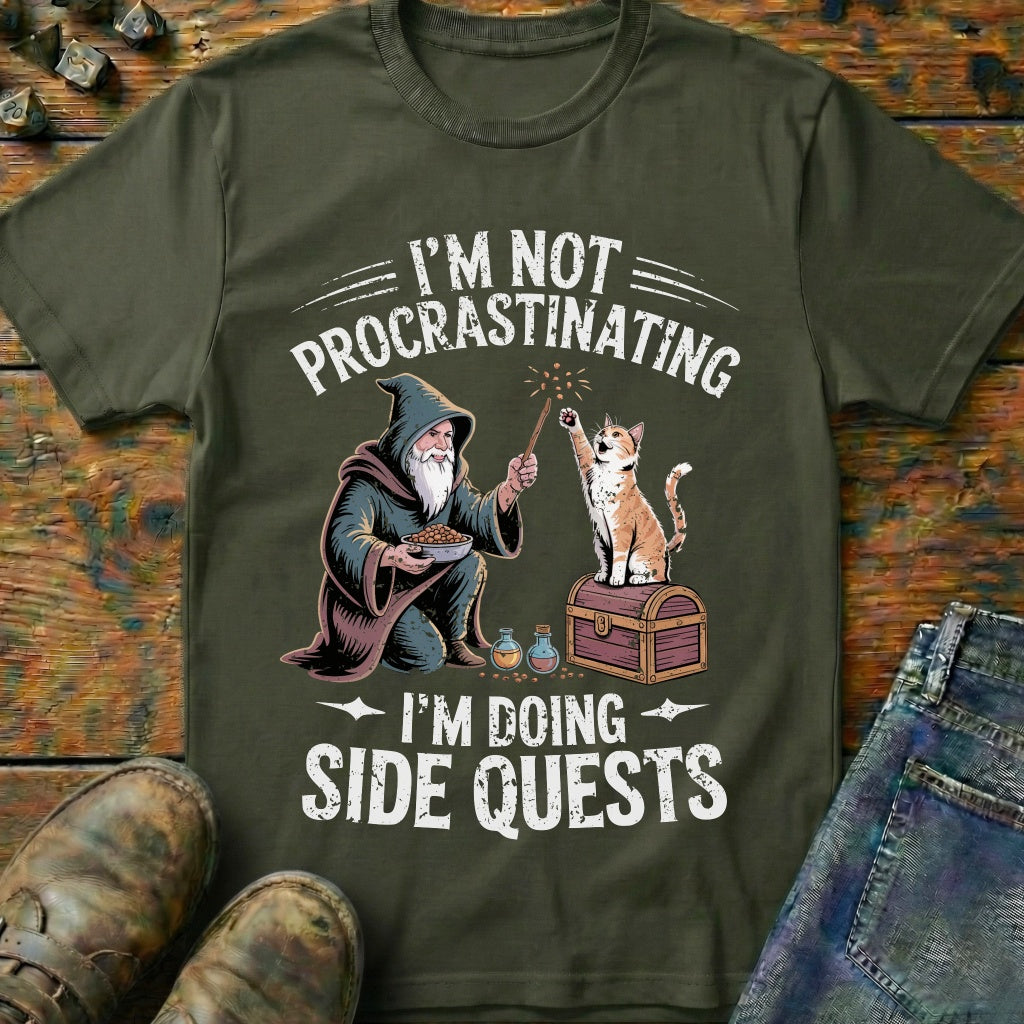 I'm Doing Side Quests Wizard Cat T-Shirt (Intentional Distressed Look)